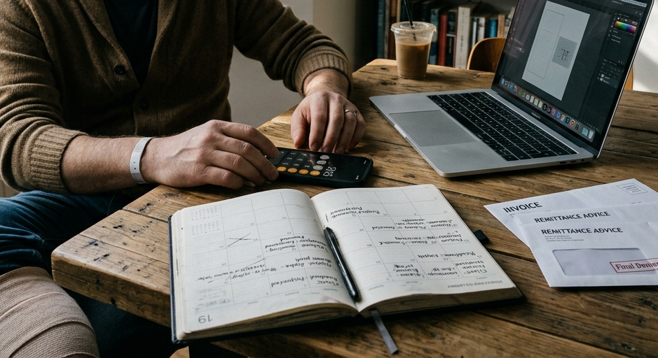 A man sits at a wooden table by a bright window, focused on his finances. He wears a brown cardigan and jeans, using a calculator beside an open planner filled with notes. A laptop, iced coffee, and several envelopes labeled “Invoice” and “Remittance Advice” are spread across the table. Behind him, a bookshelf and a corkboard with a sign reading “No work = No income. Quiet realisation” complete the cozy, thoughtful workspace scene.