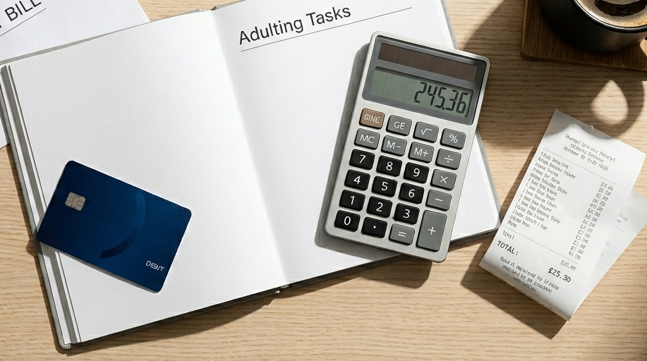 A clean, top-down flat-lay photograph on a light wood surface, capturing items related to financial and daily planning. Centered is an open, lined notebook with "Adulting Tasks" written on the top-right page. Overlapping the notebook is a navy blue contactless debit card and a silver calculator displaying the number "245.36". To the left, a sealed white envelope is marked "UTILITY BILL". Above the notebook is a set of keys on a leather fob. To the right, a stack of paper receipts shows itemized lists and a final total of "£25.30", adjacent to a black mug of coffee on a wooden coaster. Natural side-lighting illuminates the scene.